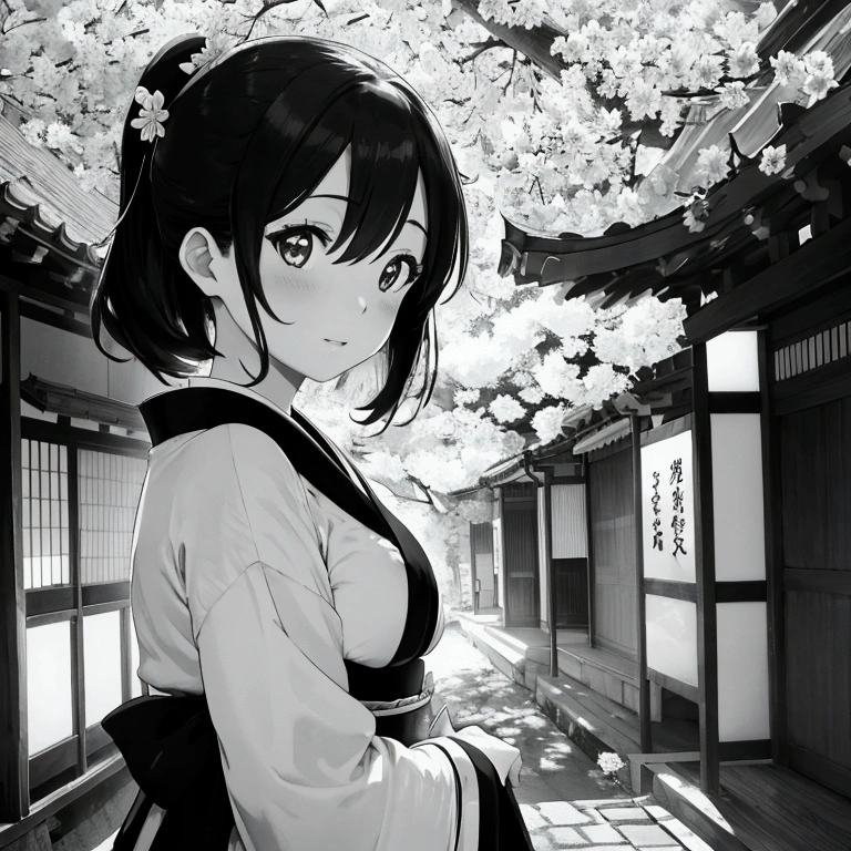 Monochrome　Kyoto　cherry blossoms　Maiko