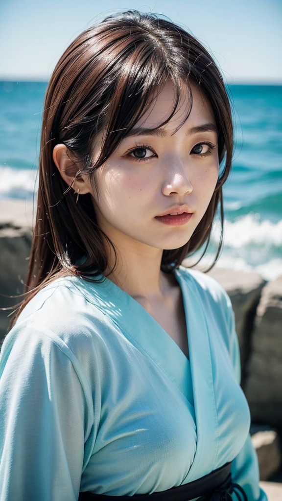 Japanese women、Clothes that do not expose skin、Close-up of face、Ocean