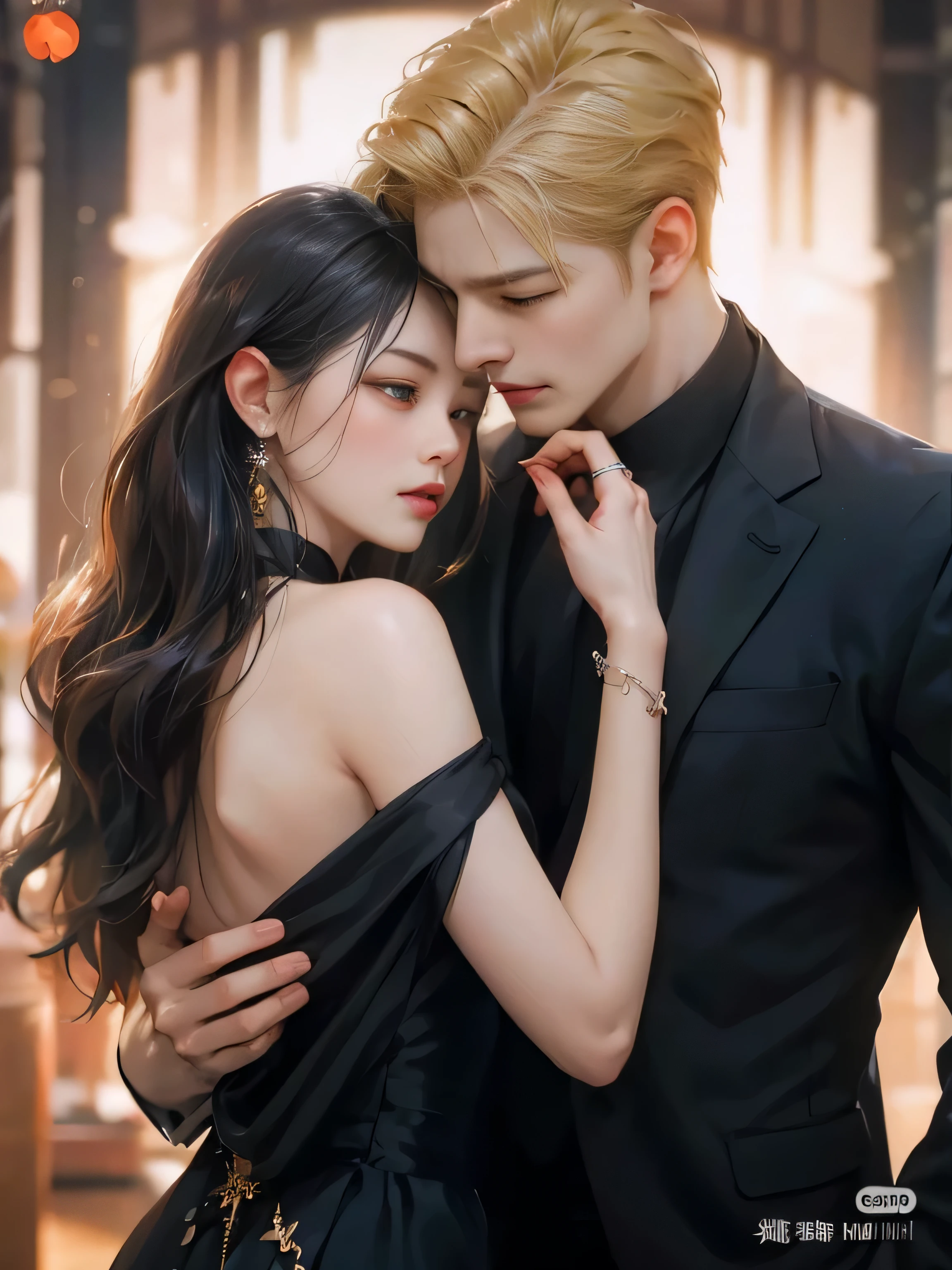Araffa to a man and a woman in a black dress., guweiz style artwork, by Yang J., ruan jia and artgerm, Cai Xu Kun, by Ni Tian, digital art of an elegant, adorable couple, couple pose, inspiration from Yanjun Cheng, ruan jia and brom, in bowater art style