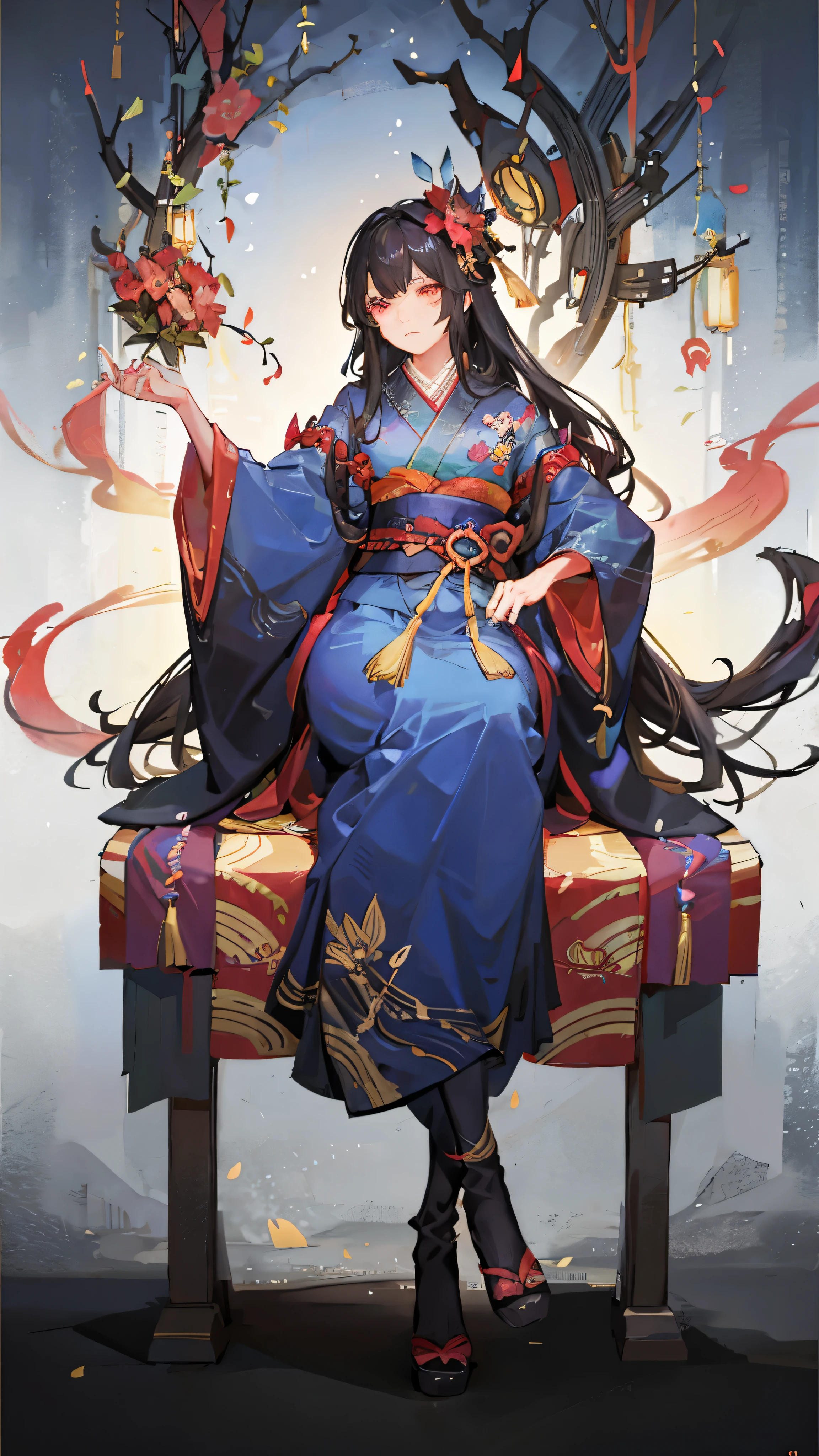 Highest quality, Pixiv, Black Hair, hair ornaments, kimono, hair flower, flower, kimono, mask, One girl, Sitting, Long Hair, with own hands, View your viewers, 6+boy, pray, multiple boy, Flower pattern print, Wide sleeves, chiaroscuro, cinematic lighting, (masterpiece:1.2), UHD, high details, best quality, highres, 8k