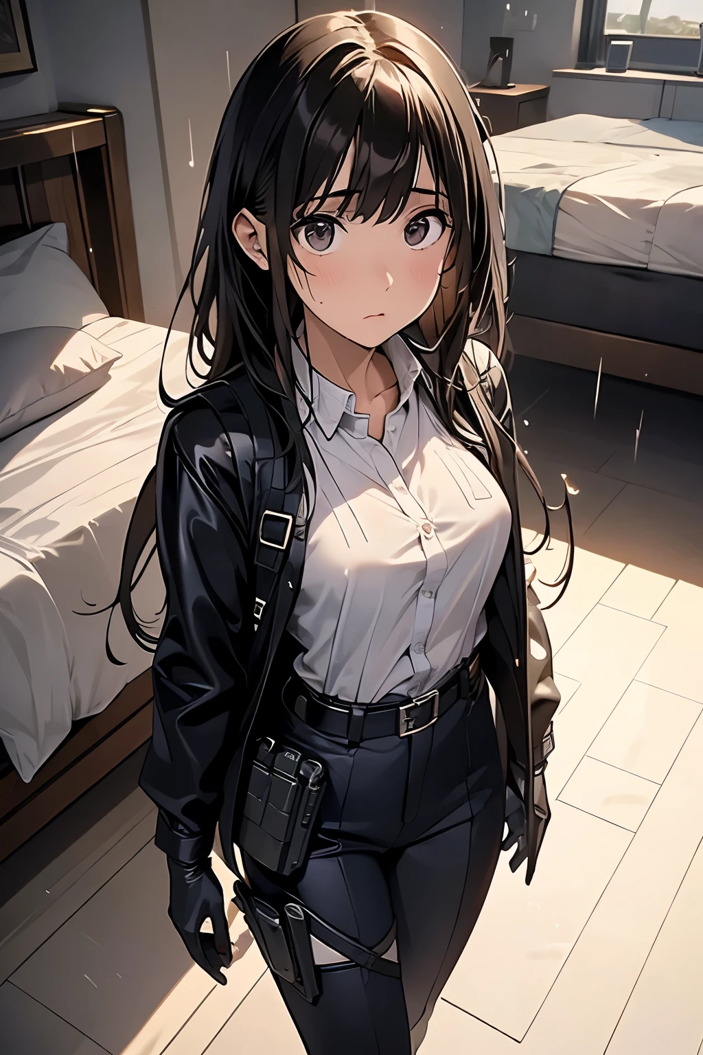 1 female, , high quality, masterpiece, Ultra-high resolution, , Cinema Lighting, , , And the suspenders with the cranes flying　　　Large Breasts　 　 　　　　Small face　 　　　holster　　　　　　　 Lying in bed　Looking up　　　　Sweat 　　　belt　summer　脇Sweat 　Black Hole Gloves　suit　shirt　　Black jacket　 Black trousers　Leg Links　ズボンにbelt　　holster　 　　Hands behind your back　 Anxious expression　Looking up　Anxious face, legs apart　Armament　　Cable ties　レッグholster　holster　See-through clothing　heavy rain　Getting wet in the rain