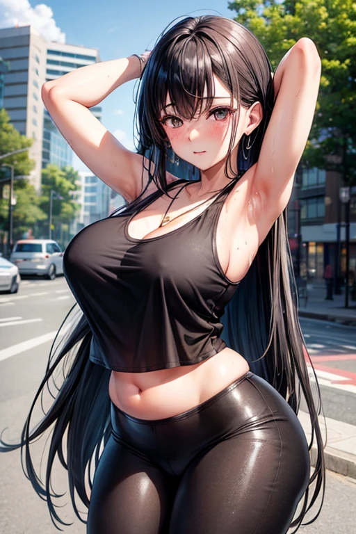 Kaori, Single model, solo, half Asian, half Latino, very long straight black hair, freckles, blushing, wet eyes, long chain pendant, very large heavy breasts, chubby, belly, stretchmarks, red fitted cropped tank top, camouflage leggings