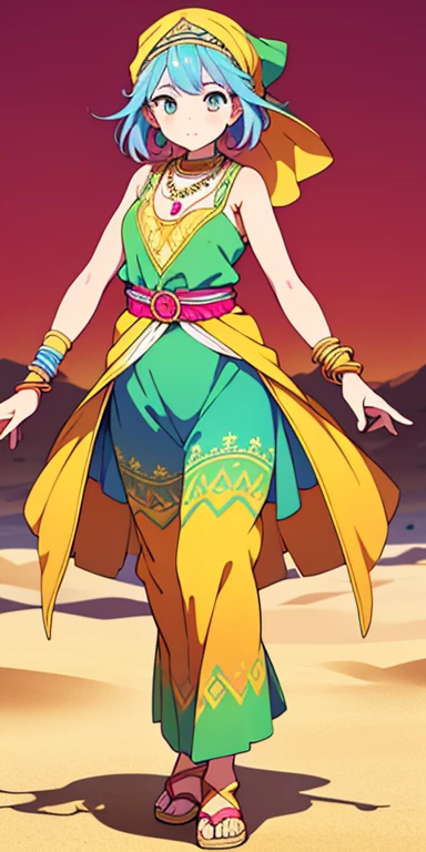 Full body, beautiful eyes , 1 girl , full body , cute girl , anime style , cute eyes , (standing up) , (Desert Dancers are characterized by their vibrant and flowing attire, inspired by traditional nomadic clothing. They wear lightweight, breathable fabrics in earthy tones like sandy beige, burnt orange, and deep red, often adorned with intricate patterns and embroidery. Their outfits include billowing pants, loose tops, and sashes or belts that allow for freedom of movement. Many Desert Dancers also wear headscarves or turbans to protect against the sun, along with lightweight veils that add an air of mystique. Jewelry such as bangles, anklets, and necklaces, often decorated with colorful beads and charms, completes their look.)
