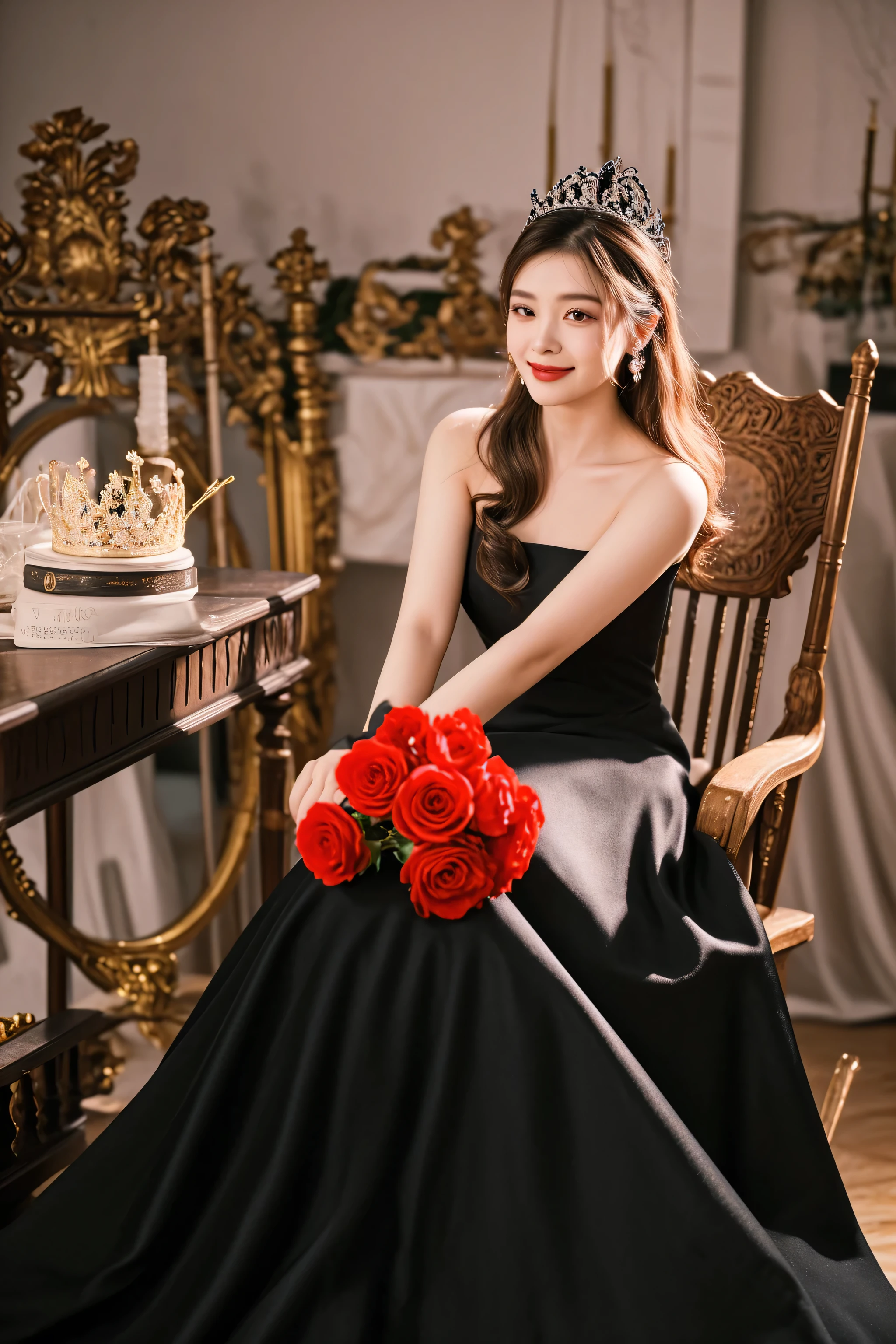 there is a woman sitting in a chair with a bouquet of roses, royal elegant pose, black gown, wearing long gown, wearing an evening gown, eora, with crown, with an elegant smile, stunning elegant pose, lady, elegant smiling pose, royal gown, an elegant woman in black dress, cute elegant pose, shot with canon eoa 6 d mark ii