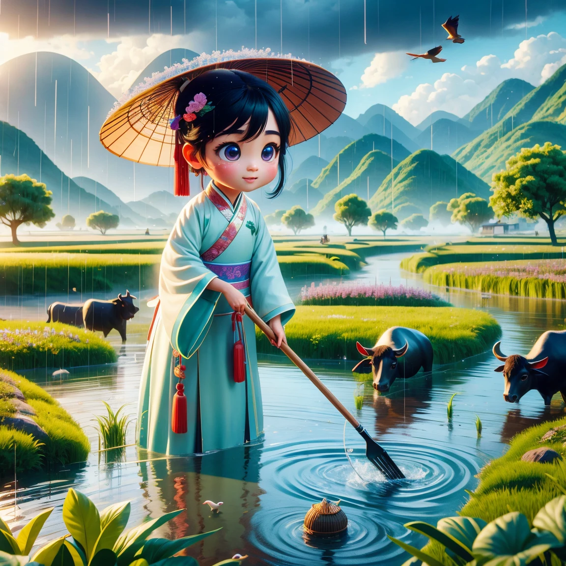 Rain during the Qingming Festival,A cute little Chinese boy,Dressed in light-colored Hanfu,Planting vegetables with a hoe,A black cow eating grass,From Bubble Mart。She is in the field,The river in the distance、grassland,There are mountains in the distance,Birds circling in the sky,onion。Disney Pixar-style characters,Big watery eyes,Vibrant colors。Ray Tracing、Octane rendering technology,Wide-angle view,Clay material,Animated Lighting。3D Production,Using C4D、OC Rendering