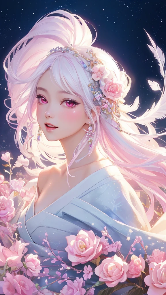 Dazzling colorful lights,Intricate details,Face close-up,Pale pink eyes and white hair with crystal details,Beautiful woman,White flowers in her hair,Pale skin,Light background,Fantasy art style,Fantastic illustrations of Kawashi,pastel colour,Inspired by anime aesthetics,Ethereal Light,Fantasy Style,clavicle,Exposed shoulders,Floating Feather,Shining in a variety of colors,In anime style.,Side angle of view,Ultra-high resolution,Textured skin,Attention to detail,Highest quality,Highest quality,Facing forward、Put on your kimono and face forward、Face forward with your whole body、Gaze, Open your mouth, Character portrait, Look at this, Make eye contact、Overall, forward-looking、Facing forward as if speaking、smile, Open your mouth, 
