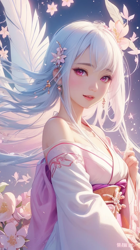 Dazzling colorful lights,Intricate details,Face close-up,Pale pink eyes and white hair with crystal details,Beautiful woman,White flowers in her hair,Pale skin,Light background,Fantasy art style,Fantastic illustrations of Kawashi,pastel colour,Inspired by anime aesthetics,Ethereal Light,Fantasy Style,clavicle,Exposed shoulders,Floating Feather,Shining in a variety of colors,In anime style.,Side angle of view,Ultra-high resolution,Textured skin,Attention to detail,Highest quality,Highest quality,Facing forward、Put on your kimono and face forward、Face forward with your whole body、Gaze, Open your mouth, Character portrait, Look at this, Make eye contact、Overall, forward-looking、Facing forward as if speaking、smile, Open your mouth,