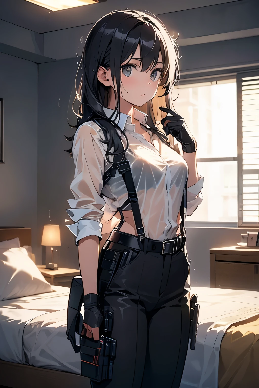 1 female, , high quality, masterpiece, Ultra-high resolution, , Cinema Lighting, , , And the suspenders with the cranes flying Large Breasts Small face holster Lying in bed Looking up Sweat belt summer 脇Sweat Black Hole Gloves suit shirt Black jacket Black trousers Leg Links ズボンにbelt holster Hands behind your back Anxious expression Looking up Anxious face, legs apart Armament Cable ties レッグholster holster See-through clothing heavy rain Getting wet in the rain