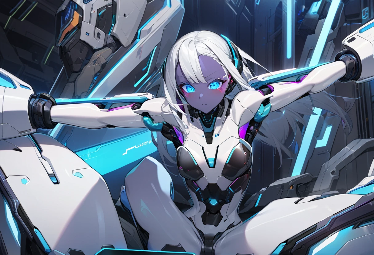 science fiction, android girl(metallic skin, cyber joint), spread restrained arms,
