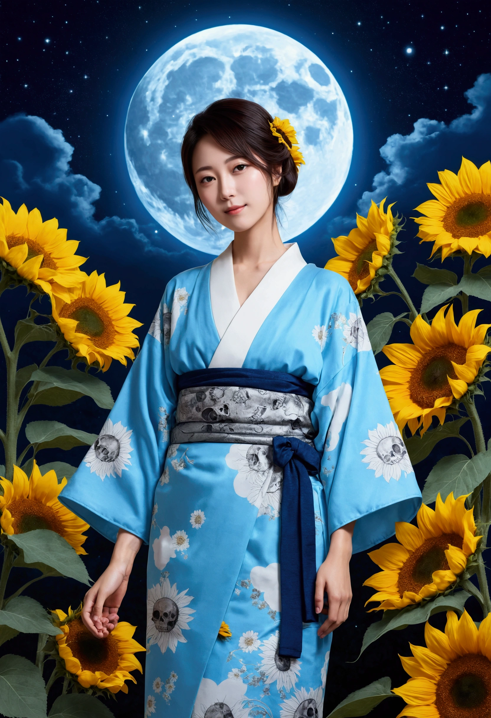Big light blue crescent moon　Mizuki Shigeru style illustration　Light blue kimono with skull pattern　Very beautiful Japanese women　Night Sky　Lots of sunflowers　Night SkyとLots of sunflowers　Best Image　Highest quality　spiritual　Spiritual world　A soft smile　nature　blue Moon