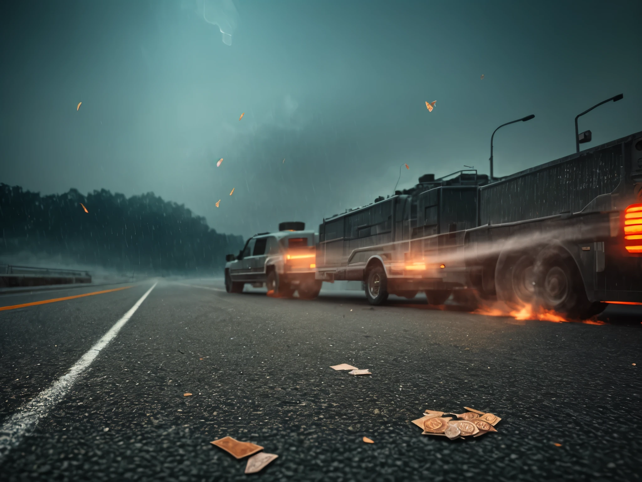 (motion trail visual effect), Coins and banknotes falling from above on the asphalt of the road covered with blood. Some banknotes are stained and soaked with blood. Coins roll and leave a red trail. Street level view from afar. [Coins and banknotes falling from above:1.5]. High details, high quality, [[photorealistic Chromatic aberration]], digital photograph, HDR, high contrast, (cowboy shot), masterpiece. [The scene is surrounded by mist, evoking a mysterious and eerie atmosphere. The lighting is dark and atmospheric, with smoke adding a touch of sinister ambiance. Best quality image, HDR enhancement, showcasing the utmost level of detail and realism]. [8K, Best Quality, Ultra High Resolution, (highly detailed CG unity 8k wallpaper), (best photo), (best shadows), isometric 3D, octane rendering, ray tracing, highly detailed, (Best quality, 4K, 8k:1.2), absurdity, ultra detailed, (realistic, photorealistic, photorealistic:1.37), complex parts, HDR, (complex parts:1.12), (hyper detailed, hyper realistic, Soft lighting, spicy:1.2), (complex parts, Hyper detailed:1.15). Blurred foreground. (backlit), masterpiece, high quality, brightness, chromatic aberration, foggy smoke, shadows, contrast, clear sky, (warm hue, warm tone), high details, natural reflections]. many details.