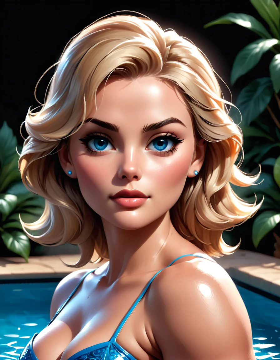 illustration of Grace Kelly, detailed short messy blonde hair, mid shot, Detailed skin, detailed body, muscular, solo, wearing tiny micro bikini, huge breasts, thick thighs, wide hips, , split abs, thick thighs, blue eyes, Natural Skin Texture, skin detail, shiny skin, shiny glossy skin, WET skin, wet body, glossy skin, oily skin, Mediterranean tan, high contrast, realistic skin, skin pores, intricate detail, high contrast, realistic skin, skin pores, intricate detail, raw photo, mature female, glossy lips, luscious lips, pretty nose, lifelike rendering, immersive atmosphere, chiaroscuro, moody lighting, perfect female body, realistic skin, skin pores, at an expensive private swimming pool in Brazil