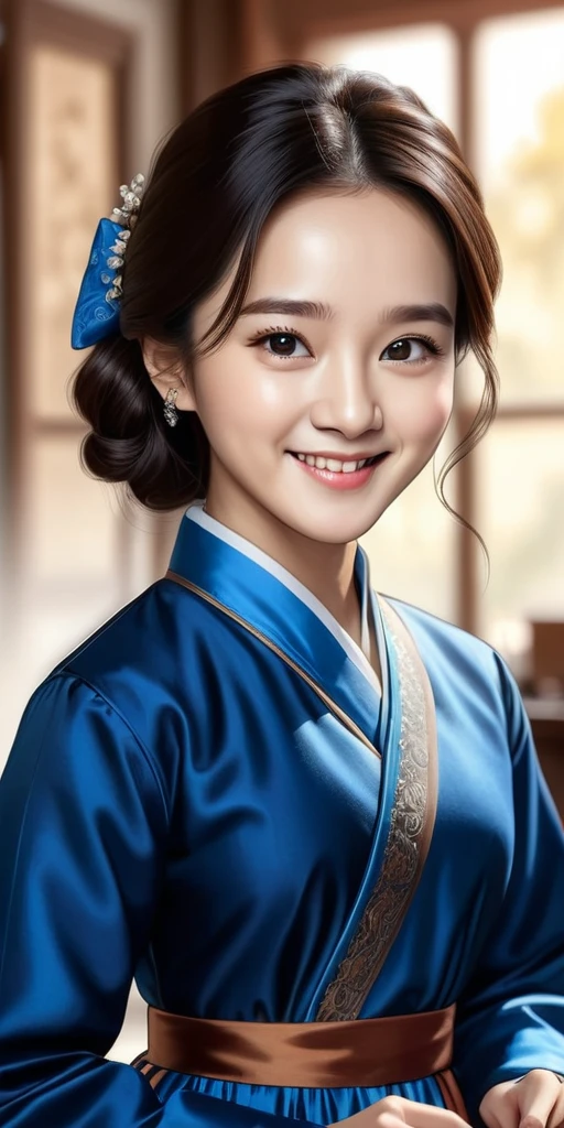 (masterpiece, best quality), Intricate details, Art Station, wallpaper, Official Art, Ink Art, Studio Background, Clear focus, 1girl Ji Hyo, Cartoon shading (Bokeh) (best quality) (8K) (Clear focus) , Black Hair,Blue hanbok, Smile, Brown eyes, Women&#39;s Focus, Solitary, whole body, baby face, Cartoon shading 