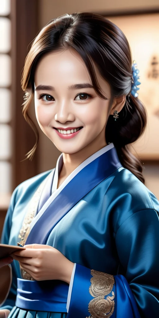 (masterpiece, best quality), Intricate details, Art Station, wallpaper, Official Art, Ink Art, Studio Background, Clear focus, 1girl Ji Hyo, Cartoon shading (Bokeh) (best quality) (8K) (Clear focus) , Black Hair,Blue hanbok, Smile, Brown eyes, Women&#39;s Focus, Solitary, whole body, baby face, Cartoon shading 