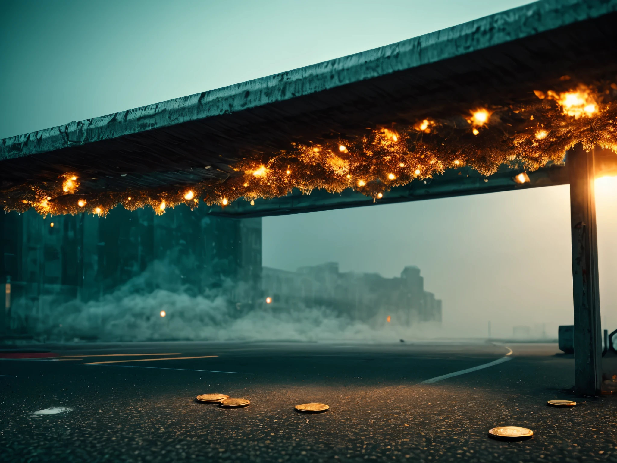 (motion trail visual effect), Coins and banknotes falling from above on the asphalt of the road covered with blood. Some banknotes are stained and soaked with blood. Coins roll and leave a red trail. Street level view from afar. [Coins and banknotes falling from above:1.5]. High details, high quality, [[photorealistic Chromatic aberration]], digital photograph, HDR, high contrast, (cowboy shot), masterpiece. [The scene is surrounded by mist, evoking a mysterious and eerie atmosphere. The lighting is dark and atmospheric, with smoke adding a touch of sinister ambiance. Best quality image, HDR enhancement, showcasing the utmost level of detail and realism]. [8K, Best Quality, Ultra High Resolution, (highly detailed CG unity 8k wallpaper), (best photo), (best shadows), isometric 3D, octane rendering, ray tracing, highly detailed, (Best quality, 4K, 8k:1.2), absurdity, ultra detailed, (realistic, photorealistic, photorealistic:1.37), complex parts, HDR, (complex parts:1.12), (hyper detailed, hyper realistic, Soft lighting, spicy:1.2), (complex parts, Hyper detailed:1.15). Blurred foreground. (backlit), masterpiece, high quality, brightness, chromatic aberration, foggy smoke, shadows, contrast, clear sky, (warm hue, warm tone), high details, natural reflections]. many details.