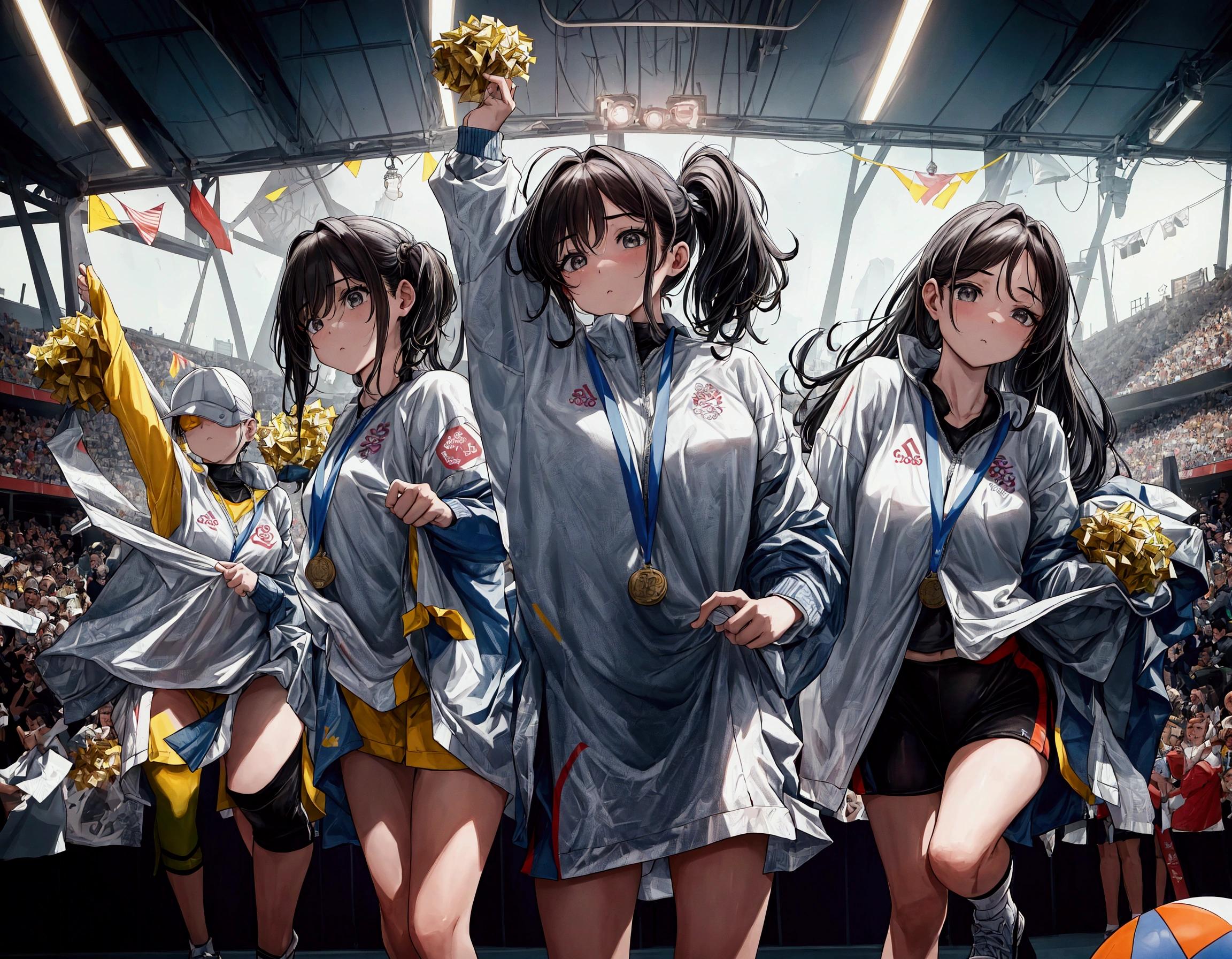 lineart, monochrome, There are many athletes, Art illustration, Artistic Rendering, Sports settings, (cheer),(Sports grounds), (((whole body))),{(Holding medal)}, taken in 2 0 2 0, Gemma Chan, mei-ling zhou, wenfei ye, Open, yun ling, maya takamura, Olympic Games Photos, {{ Perfect facial proportions}},{{masterpiece}}, {{{best quality}}},{{Extremely detailed}}, {{illustration}},{{masterpiece}},{{{best quality}}},{{Extremely detailed}}, PhotoReality主righteousness,Reality主righteousness,Reality,High Detail,Ultra-high quality,high resolution,Popular on artstation,righteousness,HD,16K,Rembrandt Lighting,