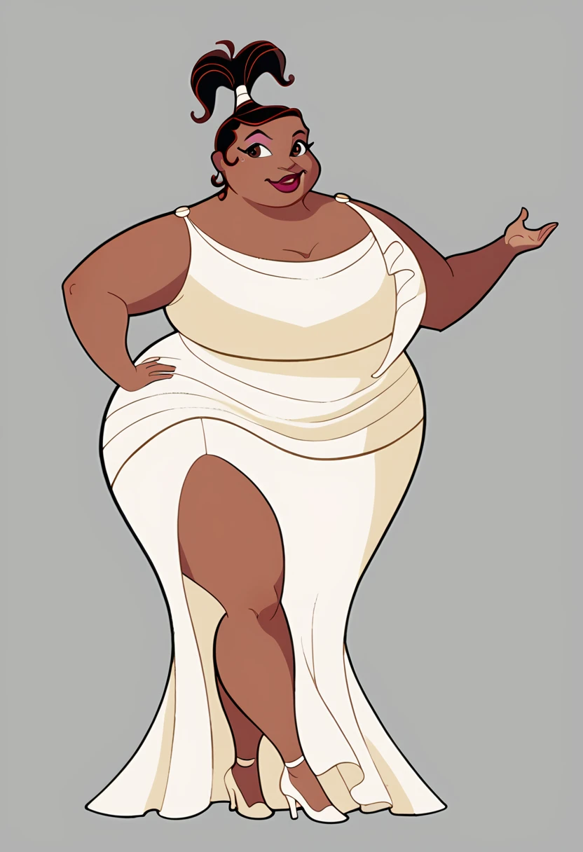 score_9, score_8_up, score_7_up, score_6_up, score_5_up, score_4_up, thalia, brown eyes, black hair, short hair, high ponytail, white chiton dress, shoulder drape, hair tie, lipstick, eyeshadow, high heels, standing
