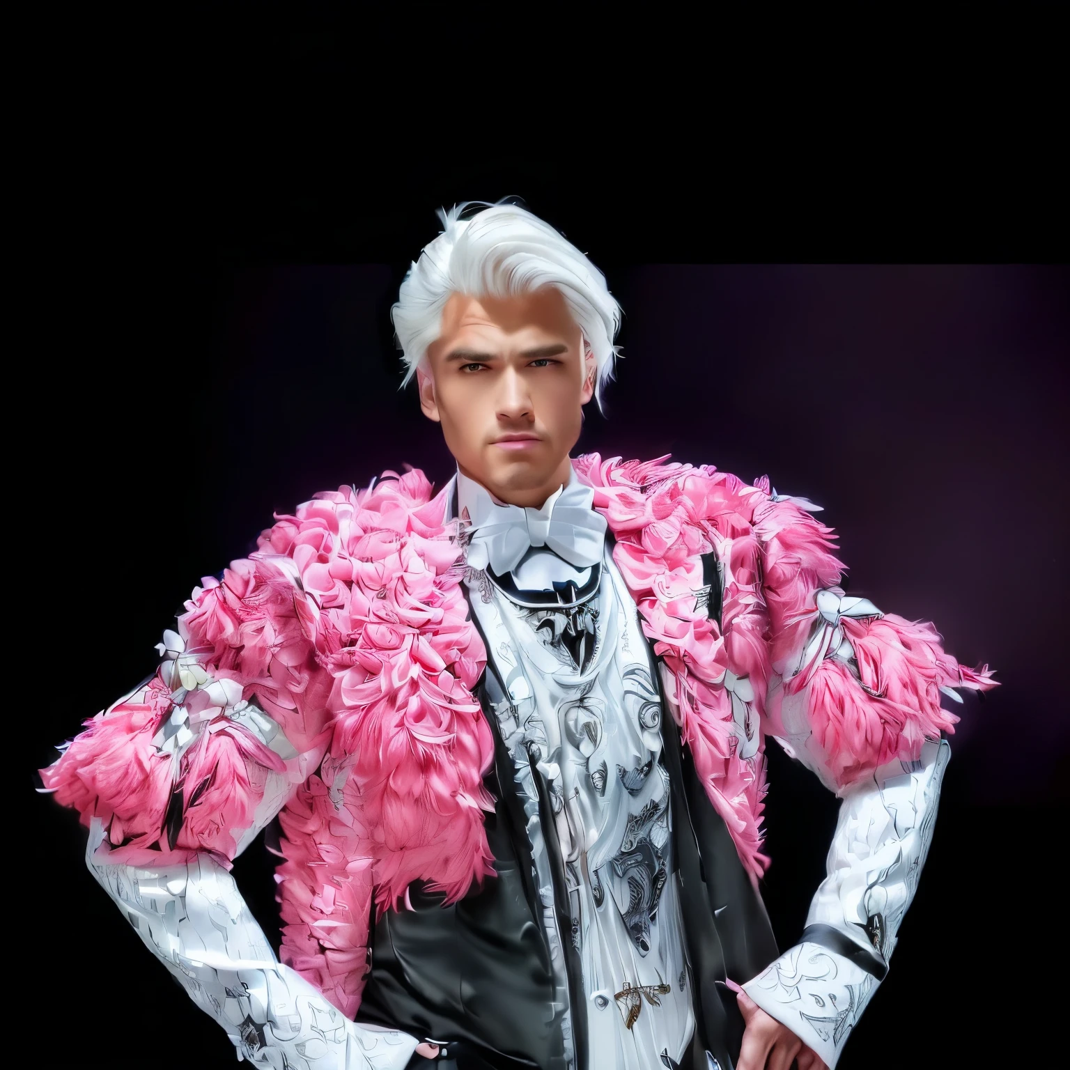 a handsome man with long white hair styled to the side, wearing a pink and white outfit, highly detailed, photorealistic, studio lighting, hyper realistic, 8k, intricate details, sharp focus, vibrant colors, warm lighting, chiaroscuro, dramatic lighting, dramatic pose, elegant, cinematic composition, award winning portrait, realistic