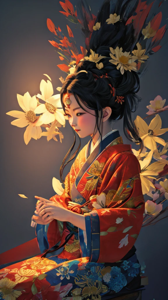 Highest quality, Pixiv, Black Hair, hair ornaments, kimono, hair flower, flower, kimono, mask, One girl, Sitting, Long Hair, with own hands, View your viewers, 6+boy, pray, multiple boy, Flower pattern print, Wide sleeves, chiaroscuro, cinematic lighting, (masterpiece:1.2), UHD, high details, best quality, highres, 8k