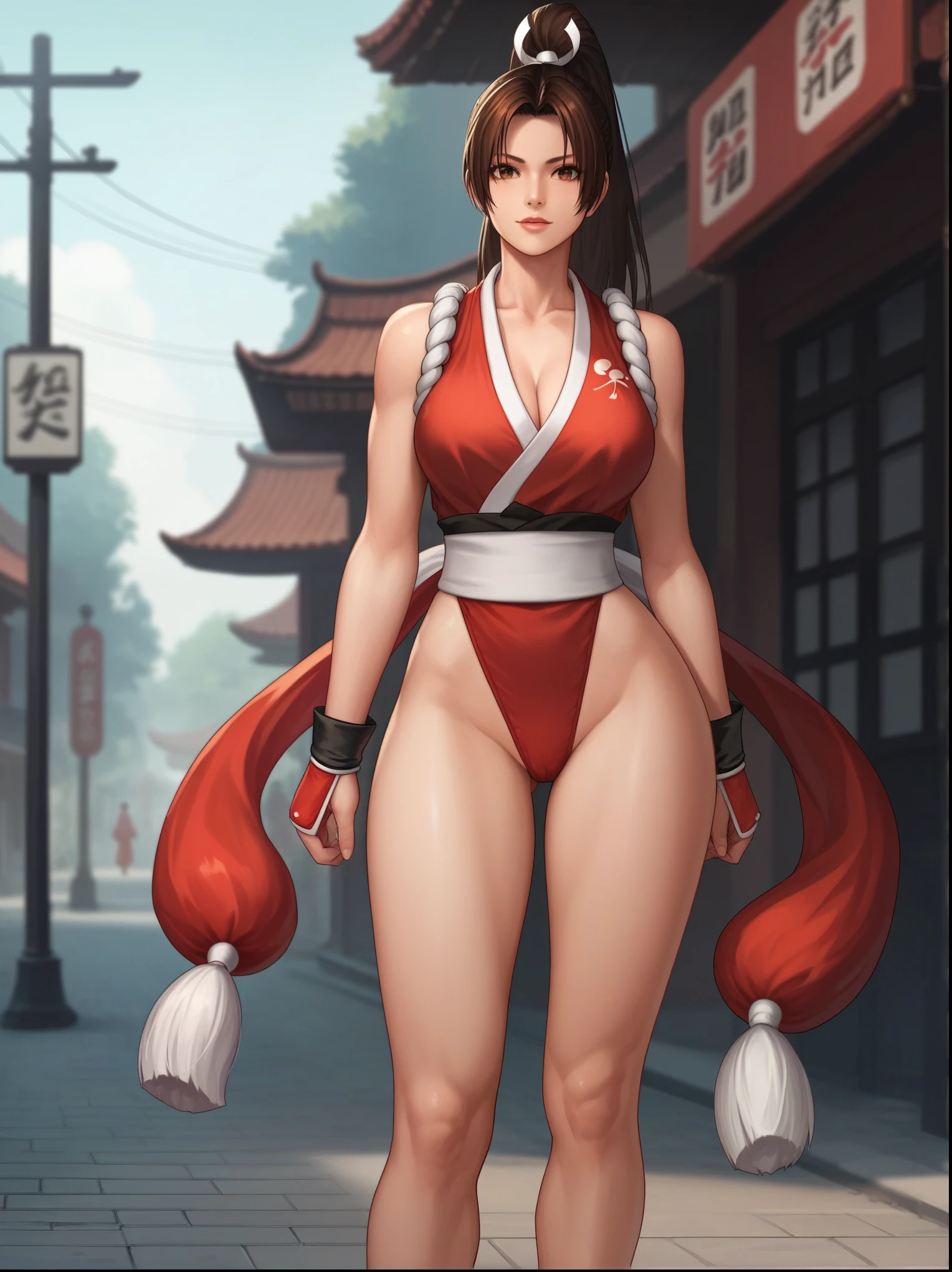 shiranui_mai, the_king_of_fighters, standing BREAK score_9, score_8_up, score_7_up, score_6_up, score_5_up, score_4_up, red panty, (((old street background)))