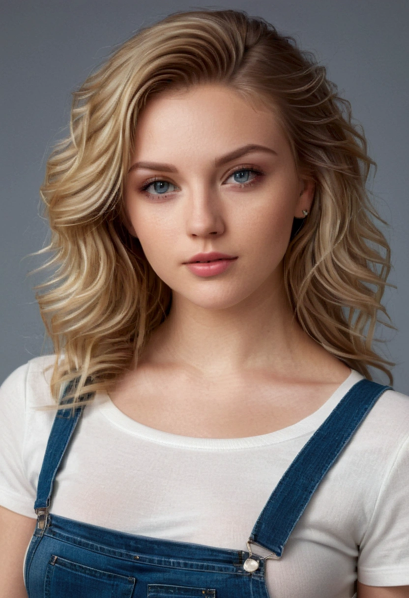 Realistic portrait of a young White female with wavy blonde hair and a smooth complexion. She is sporting a trendy crop top with high-waisted jeans. Her demeanor is relaxed and fashionable.