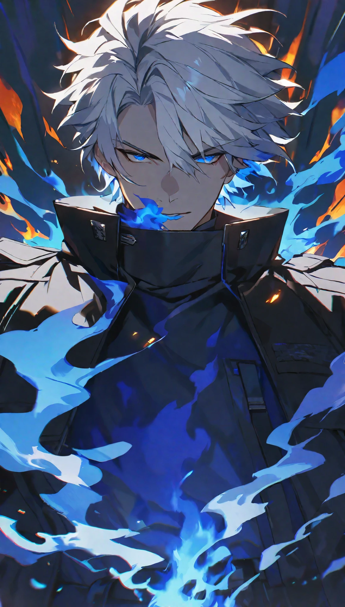 Solitary, Handsome, 1 male, short hair, White hair, blue eyes, rays of black light, Black coat, smokes, blue fire, fire