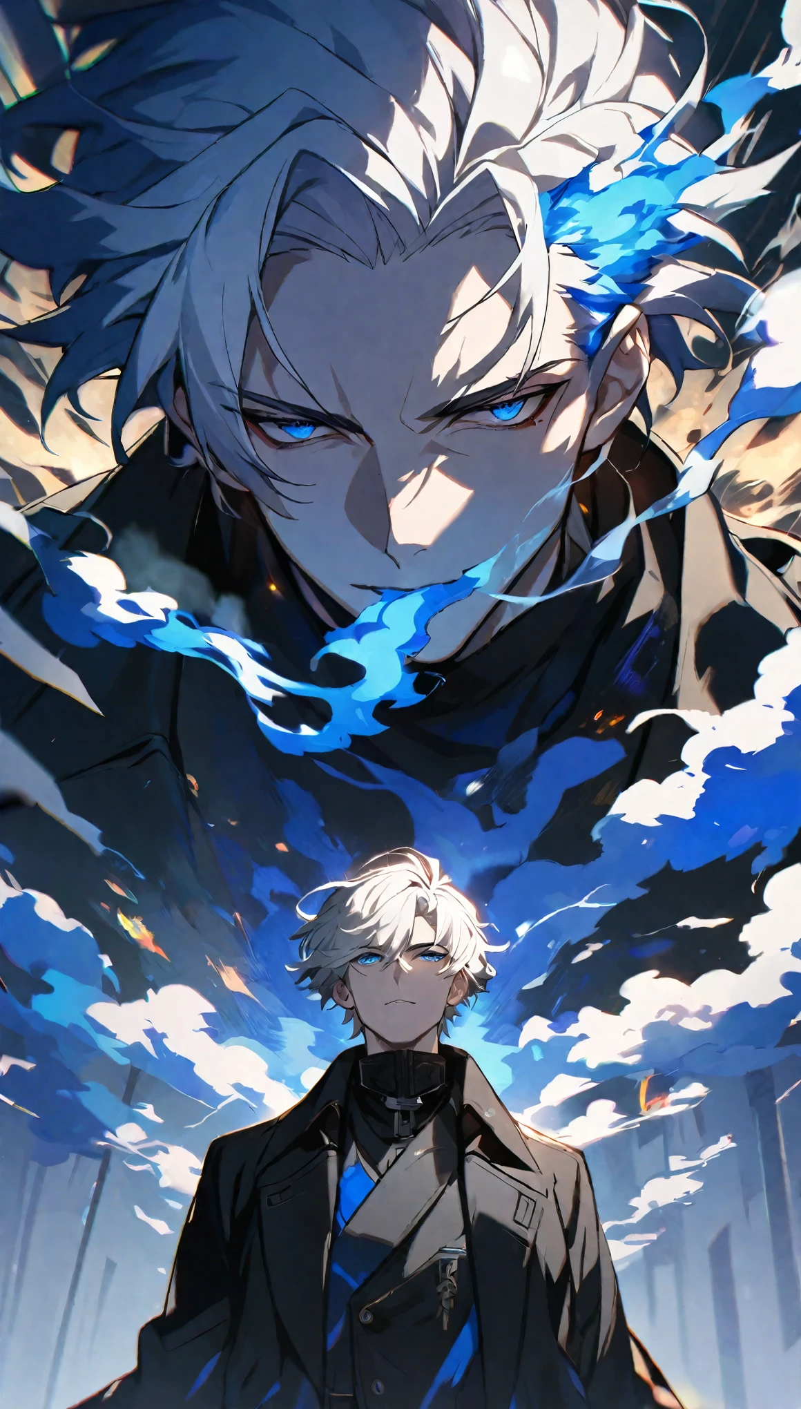Solitary, Handsome, 1 male, short hair, White hair, blue eyes, rays of black light, Black coat, smokes, blue fire, fire