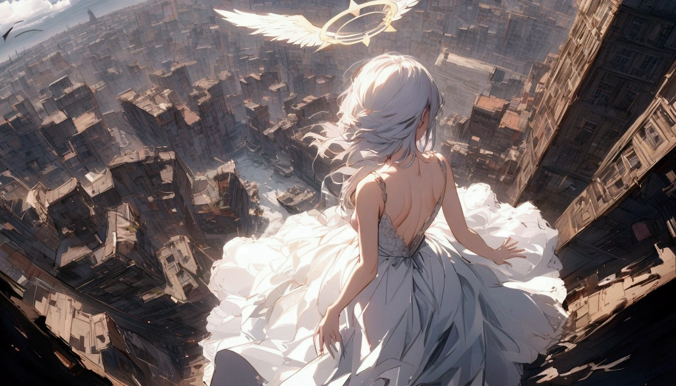 
One (Rear view:1.5) A very beautiful female angel\(Long platinum hair, wide back white dress,Big beautiful white wings seen from behind,Very beautiful shining halo\), She spreads her arms wide and tenderly as if asking for help., She&#39;s on the clouds、Looking down at the world below, Fierce war\(Lots of fires of war,fail,weapons\(Fighter\) Many buildings collapsed, Nature is destroyed, Magnificent and spectacular views\) It&#39;s happening under the clouds, BREOneK ,quality\(8k,非常に精細なCGユニットのwallpaper, masterpiece,High resolution,top-quality,top-quality real texture skin,Surreal,Increase the resolution,ROneW photos,最高quality,Very detailed,wallpaper,Cinema Lighting,Ray-tracing,Golden Ratio\),[Browsing Caution],Dynamic Angle,[Browsing Caution],From above