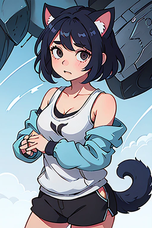 Deformation、Cute mini character、One Human Girl、The girl has human ears、boyish、Shortcuts、Her ears are visible through her hair.、I can see her cleavage、Short bob cut blue hair、Dark brown eyes、Lively, cheerful and innocent expression、Big 、Cute sporty girl、tail、Emphasize breasts、Plump、Wearing a cat ear hoodie、The girl doesn't have animal ears.、Large Breasts, anime,