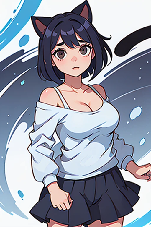 Deformation、Cute mini character、One Human Girl、The girl has human ears、boyish、Shortcuts、Her ears are visible through her hair.、I can see her cleavage、Short bob cut blue hair、Dark brown eyes、Lively, cheerful and innocent expression、Big 、Cute sporty girl、tail、Emphasize breasts、Plump、Wearing a cat ear hoodie、The girl doesn't have animal ears.、Large Breasts, anime,