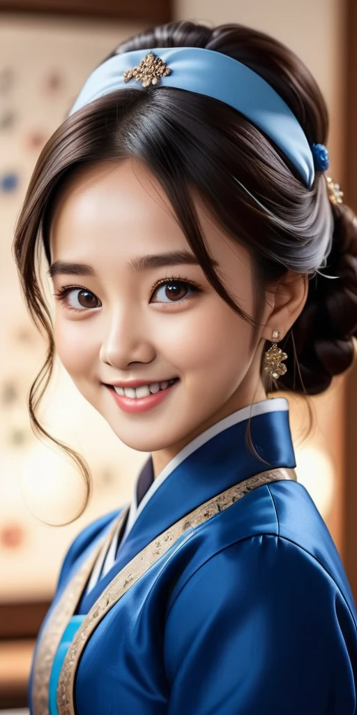 (masterpiece, best quality), Intricate details, Art Station, wallpaper, Official Art, Ink Art, Studio Background, Clear focus, 1girl Ji Hyo, Cartoon shading (Bokeh) (best quality) (8K) (Clear focus) , Black Hair,Blue hanbok, Smile, Brown eyes, Women&#39;s Focus, Solitary, whole body, baby face, Cartoon shading 