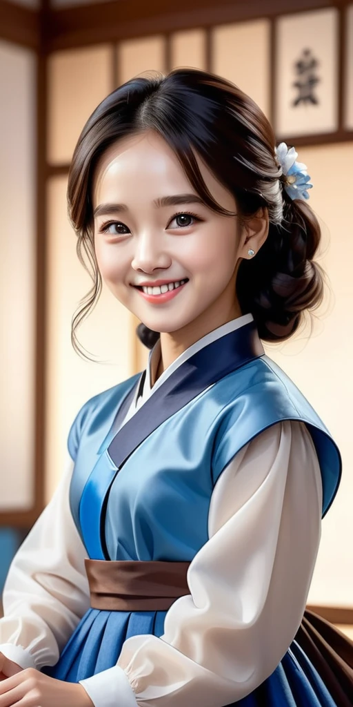 (masterpiece, best quality), Intricate details, Art Station, wallpaper, Official Art, Ink Art, Studio Background, Clear focus, 1girl Ji Hyo, Cartoon shading (Bokeh) (best quality) (8K) (Clear focus) , Black Hair,Blue hanbok, Smile, Brown eyes, Women&#39;s Focus, Solitary, whole body, , Cartoon shading 