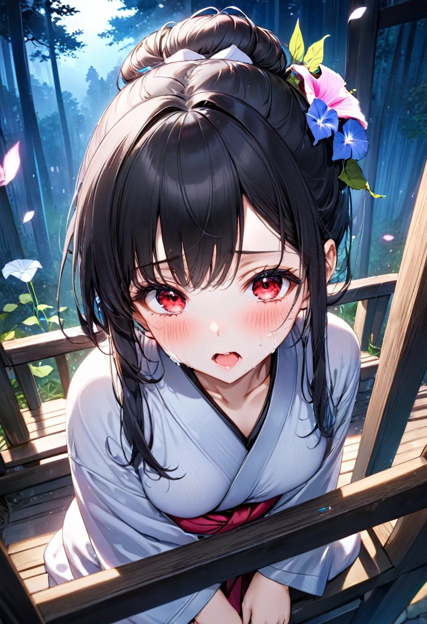(close up face:1.2, focus face, beautiful tears:1.5 style), (pov, solo:2, 18 yo, beautiful detailed sexy body), (beautiful asymmetry:1.3 bangs, Messy bun) (best grow black hair very long hair) (sexy sadist girl, beauty detailed red eyes with many tears:1.5), (sexy glossy pink lip, small open mouth, blushing face, big tits), in a immensely beautiful yukata with double exposure morning glory) break, in the An empty shrine, background Night forest, many Noctiluca, girl is sit down on Shrine stairs, BREAK, perfect anatomy, masterpiece, best quality, 16k, beautiful detailed night, daydreaming expression.