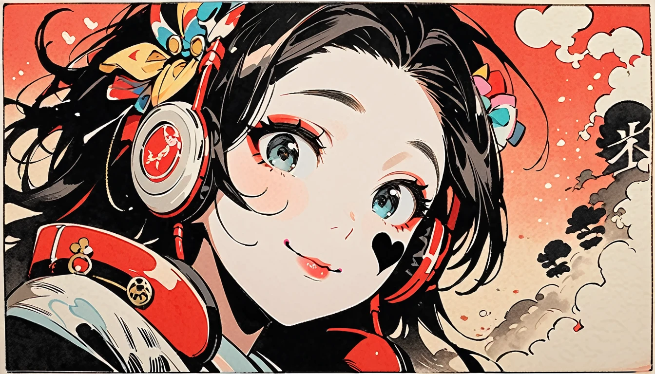 (((Ink Painting))), (((from below))), (((1 female))), (((Heart tattoo on face))), (((Very flashy hair accessories))), (((Very flashy makeup))), Japanese style headphones, devil, face close-up, front view, Japan人の美少女, Black Hair, Delicate and precise, Modern ukiyo-e style,Japan, Droopy eyes, round face, smile, Fuller lips, vivid color