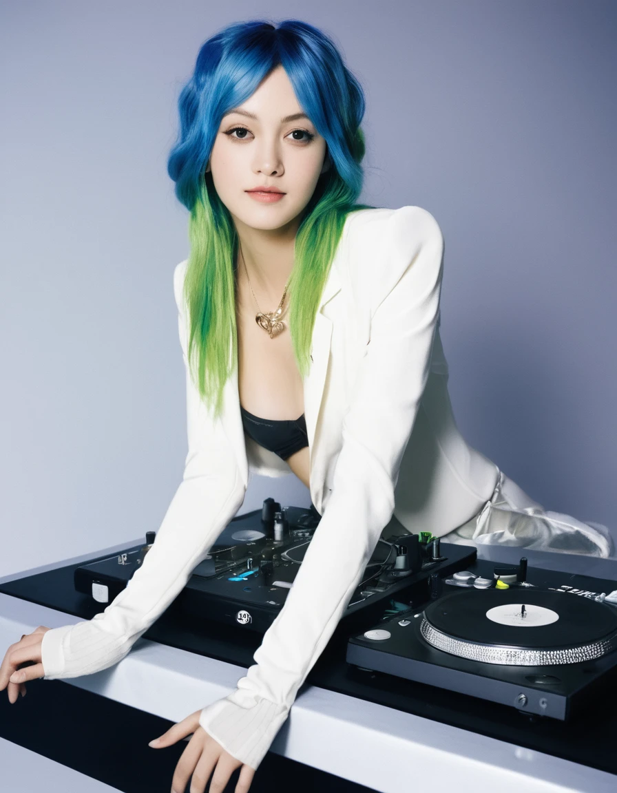 photo of a gorgeous young woman in a Glamorous outfit, beautiful face Japanese girls, still from the film, ((solo)), (Marion Cotillard look alike face: 0.7), 1girl, ((solo)), best quality, ultra-detailed, extremely detailed, perfect anatomy, masterpiece, score_9, score_8_up, score_7_up, Expressiveh, djsona, bodysuit, gloves, bedroom, indoors, twintails, long hair, Blue helmet, bright lime green hair, hair highlights, glowing hair, arkane_dark, rostran style, magic, music notes, closeup, lithe, curvy, standing dramatically, concert stage, center stage, spotlight, neon lights, DJ pose, dramatic confident pose, standing tall, front view, leaning slightly back, sci-fi, smiling, confident, dynamic lighting, standing in front of DJ table, DJ set, viewed from below, magic music notes, music magic, Leica SL3, Summicron-SL 75 f/2 ASPH, kodak gold 200 film, dynamic action pose,
