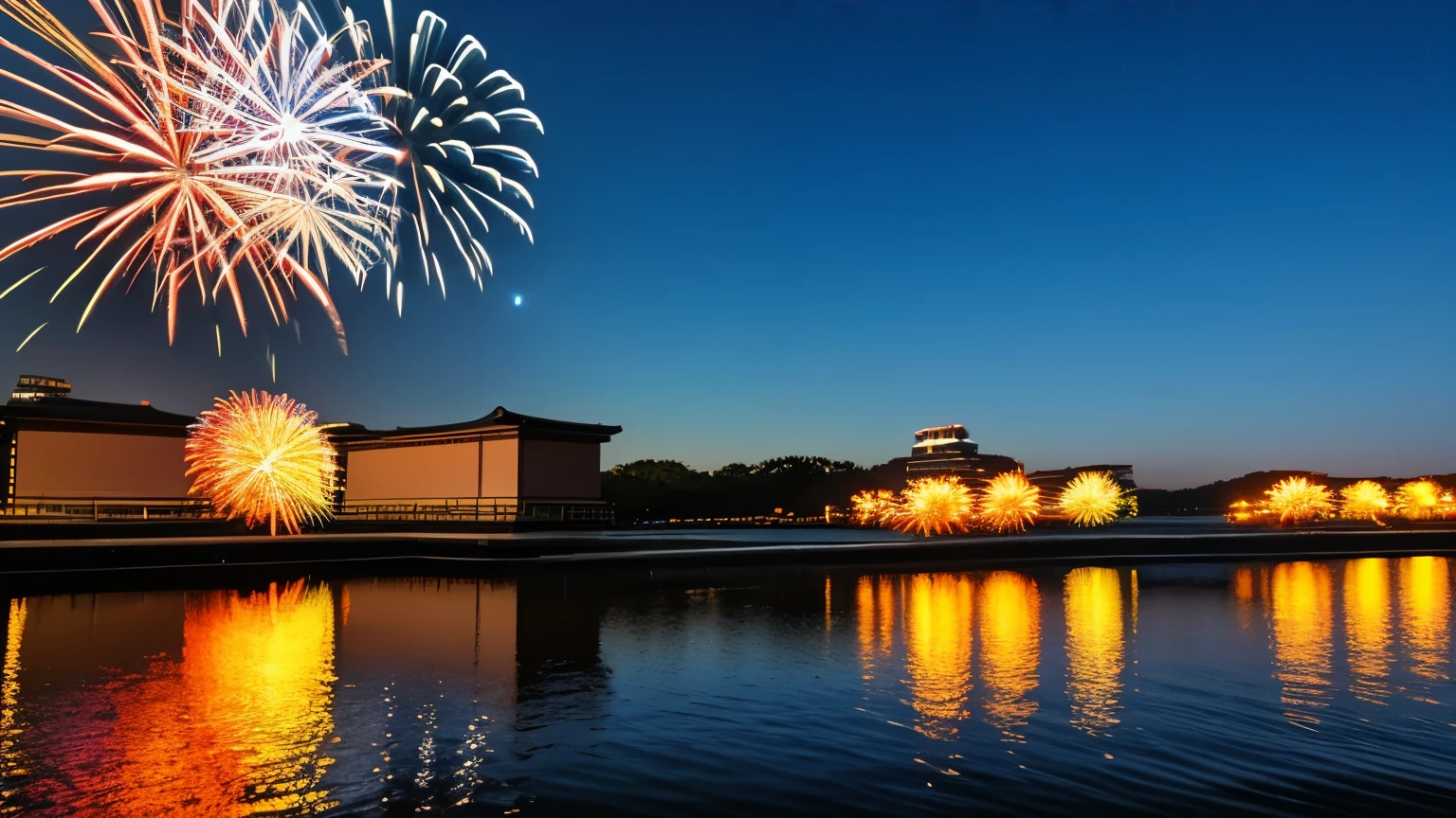 Japanese fireworks festival, colorful fireworks, river reflection, night sky, highly detailed