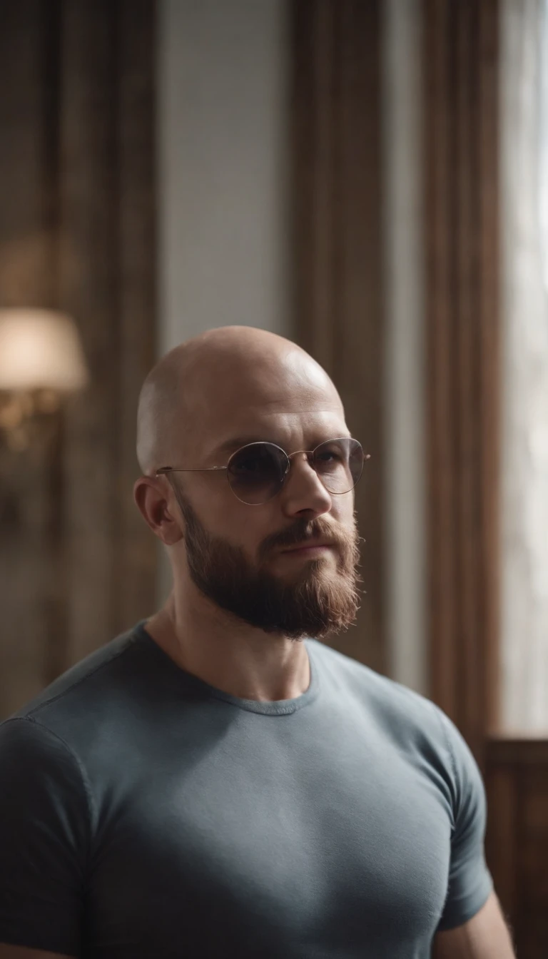 ( 8K, awardwinning, Best Quality), High Definition, Super Detail, high detailing, Anatomically correct, Perfect illustration, white man, muscular, fat, 32 years old, six feet, bald, sunglasses, brown garibaldi beard