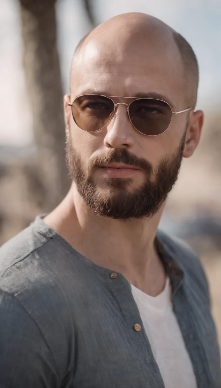 ( 8K, awardwinning, Best Quality), High Definition, Super Detail, high detailing, Anatomically correct, Perfect illustration, white man, muscular, fat, 32 years old, six feet, bald, sunglasses, brown garibaldi beard