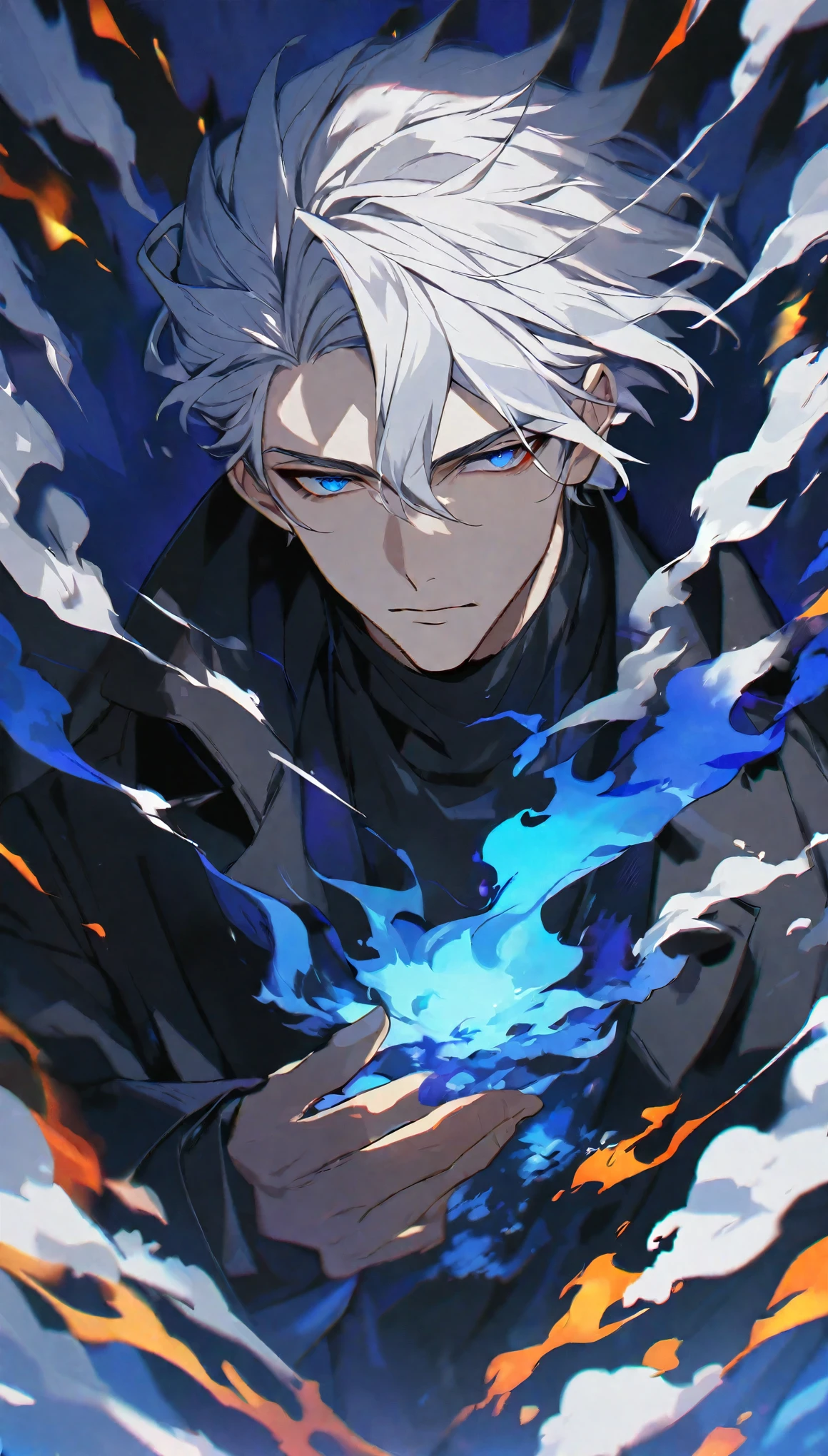 Solitary, Handsome, 1 male, short hair, White hair, blue eyes, rays of black light, Black coat, smokes, blue fire, fire