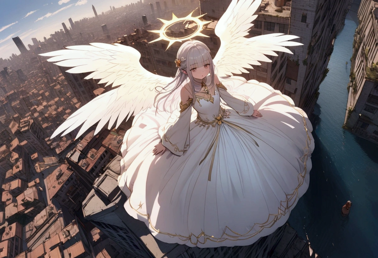 
One (Rear view:1.5) Very beautiful female angel\(Long platinum hair, wide back white dress,(sheの胸からは大きな, Beautiful angel wings.),A very beautiful and shining halo\), she has her arms wide open as if asking for help., she&#39;Above the clouds、Looking down at the world below, Fierce war\((Lots of sparks and flames), fail, Warrior, Many buildings collapsed, Nature is destroyed, Magnificent and spectacular views\) that&#39;It&#39;s happening under the clouds, BREOneK ,quality\(8k,Highly detailed CG unit wallpaper, masterpiece,High resolution,top-quality,top-quality real texture skin,Surreal,Increase the resolution,ROneW photos,highest quality,Very detailed,wallpaper,Cinema Lighting,Ray Tracing,Golden Ratio\),[Browsing Caution],Dynamic Angle,[Browsing Caution],From above