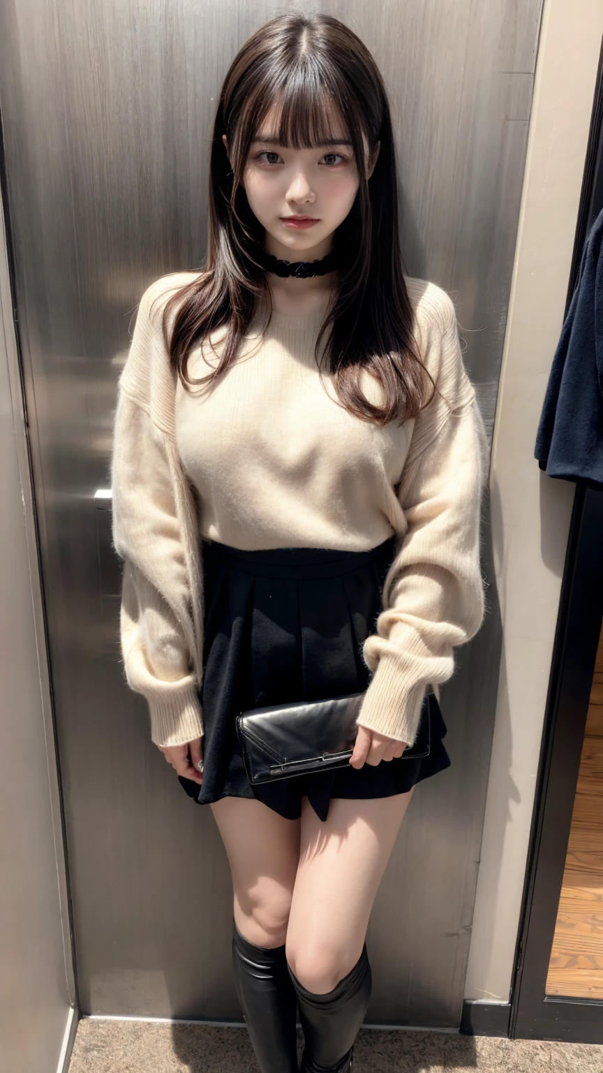 highest quality、8k、32k、masterpiece、Hmph:1.2)、One Girl、Girl with long hair、Beautiful Japanese Woman、Black-haired、Heavy bangs、Long sleeve shirt、Hair length、A fluffy white sweater、Don't expose it、D Cup,choker、plump breasts, large breasts, Bright red eyeliner、full body