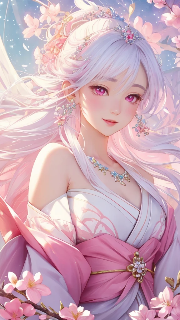 Dazzling colorful lights,Intricate details,Face close-up,Pale pink eyes and white hair with crystal details,Beautiful woman,White flowers in her hair,Pale skin,Light background,Fantasy art style,Fantastic illustrations of Kawashi,pastel colour,Inspired by anime aesthetics,Ethereal Light,Fantasy Style,clavicle,Exposed shoulders,Floating Feather,Shining in a variety of colors,In anime style.,Side angle of view,Ultra-high resolution,Textured skin,Attention to detail,Highest quality,Highest quality,Facing forward、Put on your kimono and face forward、Face forward with your whole body、Gaze, Open your mouth, Character portrait, Look at this, Make eye contact、Overall, forward-looking、Facing forward as if speaking、smile, Open your mouth,