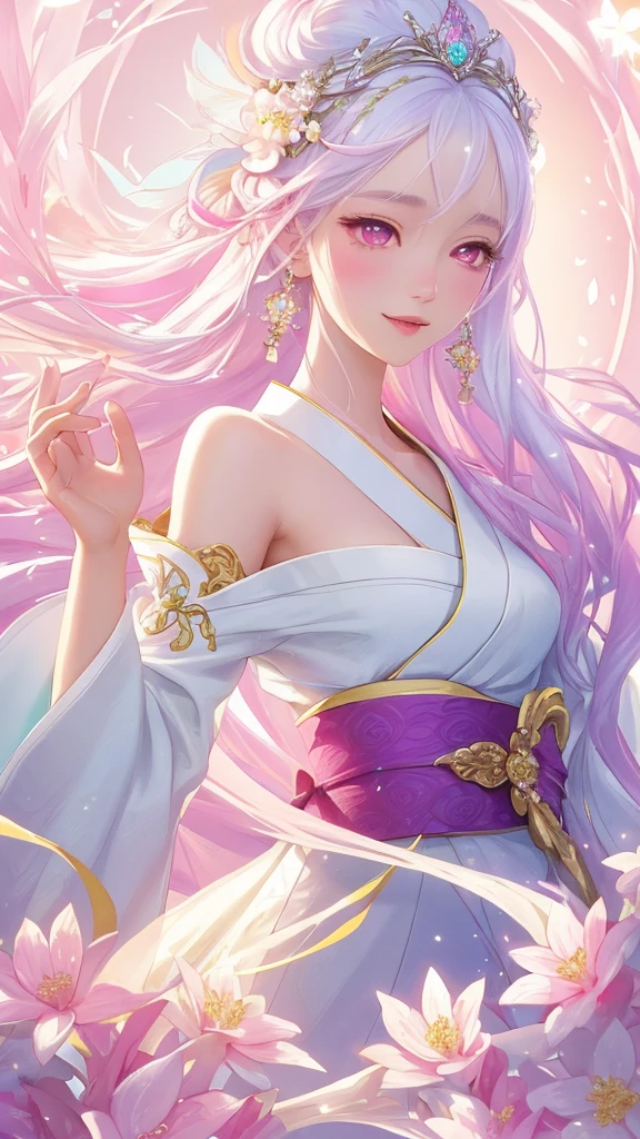 Dazzling colorful lights,Intricate details,Face close-up,Pale pink eyes and white hair with crystal details,Beautiful woman,White flowers in her hair,Pale skin,Light background,Fantasy art style,Fantastic illustrations of Kawashi,pastel colour,Inspired by anime aesthetics,Ethereal Light,Fantasy Style,clavicle,Exposed shoulders,Floating Feather,Shining in a variety of colors,In anime style.,Side angle of view,Ultra-high resolution,Textured skin,Attention to detail,Highest quality,Highest quality,Facing forward、Put on your kimono and face forward、Face forward with your whole body、Gaze, Open your mouth, Character portrait, Look at this, Make eye contact、Overall, forward-looking、Facing forward as if speaking、smile, Open your mouth, 