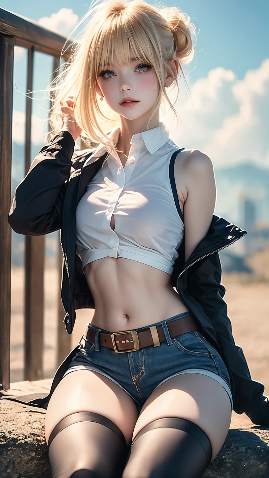 i want the whole image to be created in 3D anime style, 1girl, solo, breasts, looking at viewer, blush, short hair, blue eyes, blonde hair, shirt, thighhighs, long sleeves, navel, medium breasts, sitting, closed mouth, jacket, white shirt, thighs, boots, outdoors, open clothes, sky, shorts, day, midriff, collared shirt, belt, cloud, hair bun, blurry, arm up, open jacket, blue sky, lips, thigh strap, blurry background, suspenders, arm behind head, brown jacket, patreon username, paradis military uniform, annie leonhardt