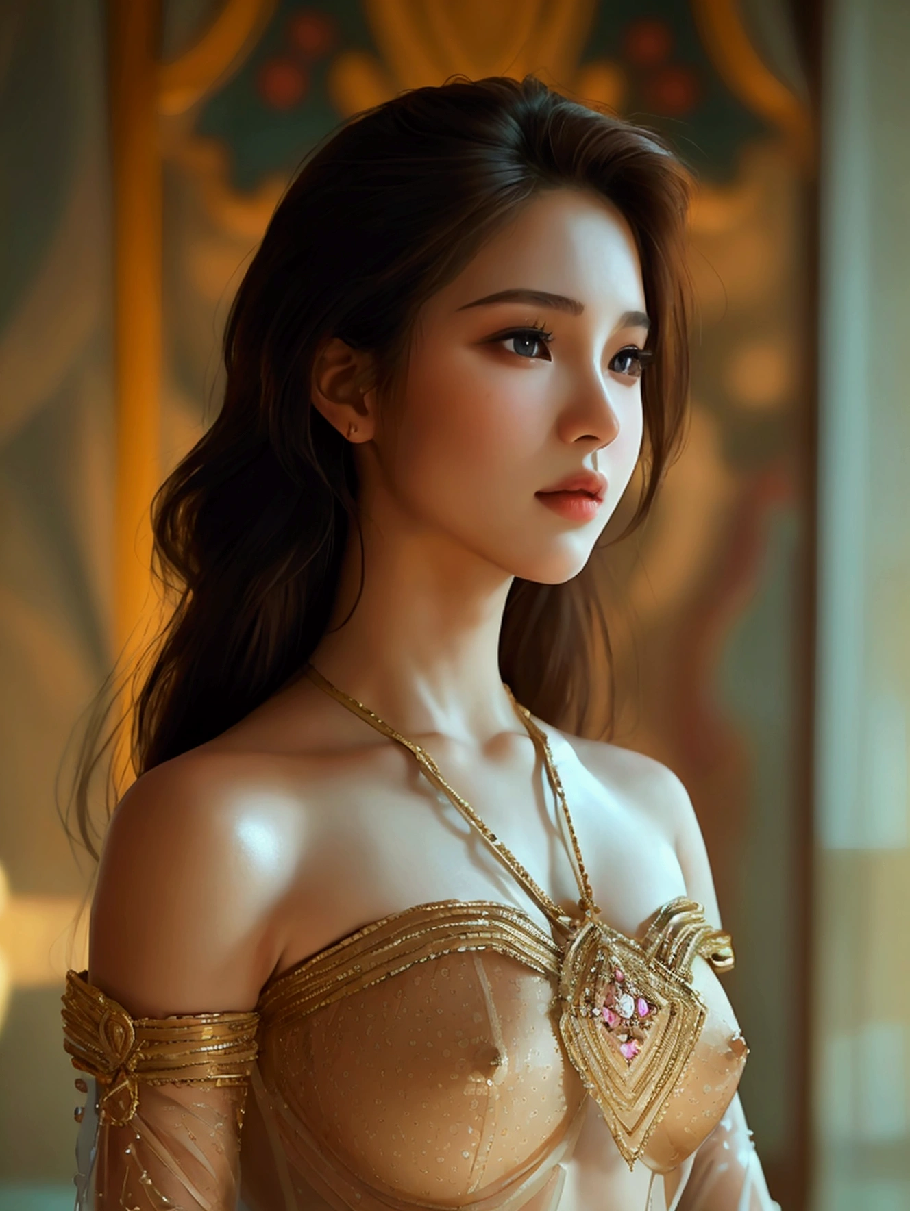 Create an image of a beautiful young woman wearing a skin-tight, skin-tight Thai dress with a cleavage on the side, exposing her stomach to the thighs. The fabric is so sheer that the nipples and skin of the wearer can be seen very sexy, and she is not wearing a bra., She can spread her legs wide to show off her genitals., She has a slim face., sharp eyes, long hair, responsive face, high nose, and thin lips, She has light brown hair., Breast size 32 inches with pink nipples., Her waist is 24 inches., Her hips are 33 inches., Her skin was bright and white., And her figure was slim and slightly muscular..
