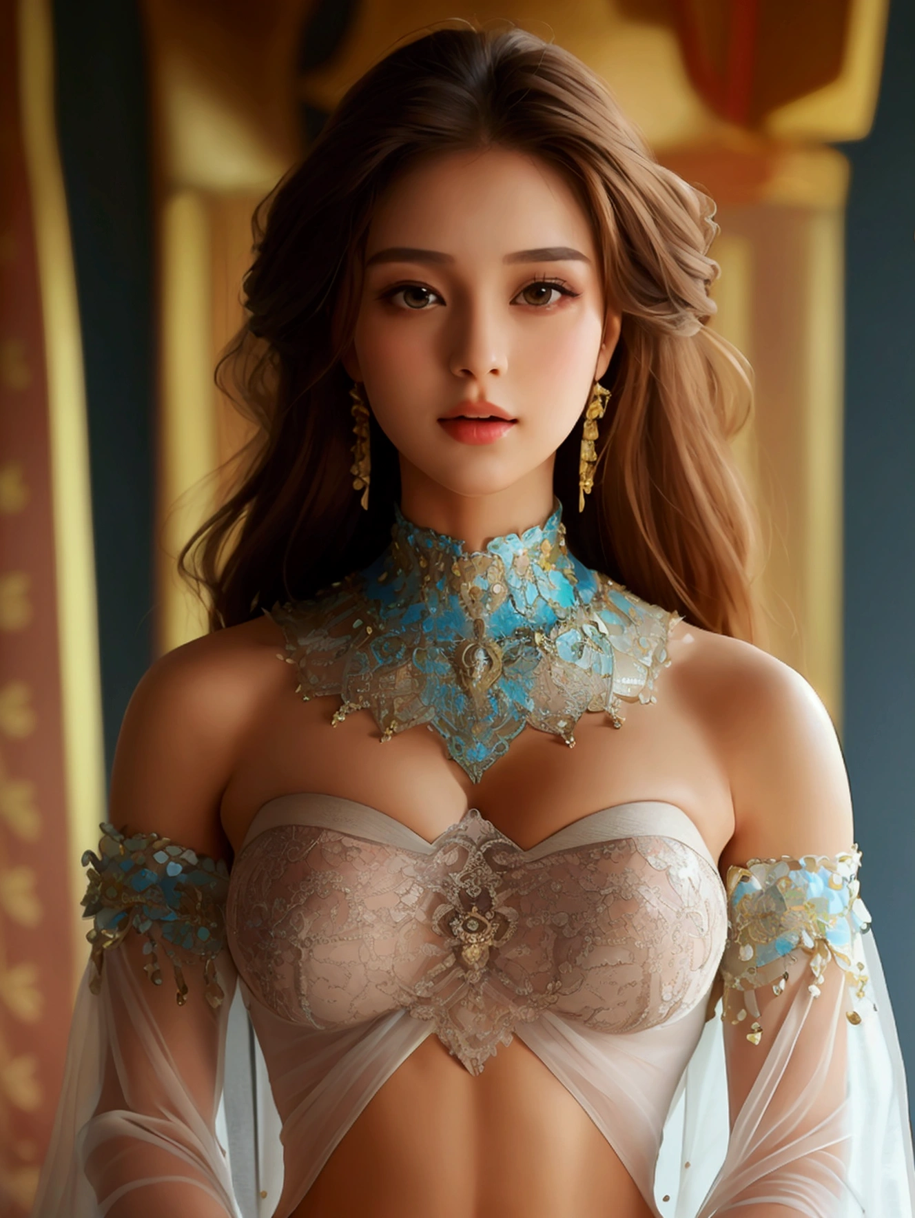 Create an image of a beautiful young woman wearing a skin-tight, skin-tight Thai dress with a cleavage on the side, exposing her stomach to the thighs. The fabric is so sheer that the nipples and skin of the wearer can be seen very sexy, and she is not wearing a bra., She can spread her legs wide to show off her genitals., She has a slim face., sharp eyes, long hair, responsive face, high nose, and thin lips, She has light brown hair., Breast size 32 inches with pink nipples., Her waist is 24 inches., Her hips are 33 inches., Her skin was bright and white., And her figure was slim and slightly muscular..