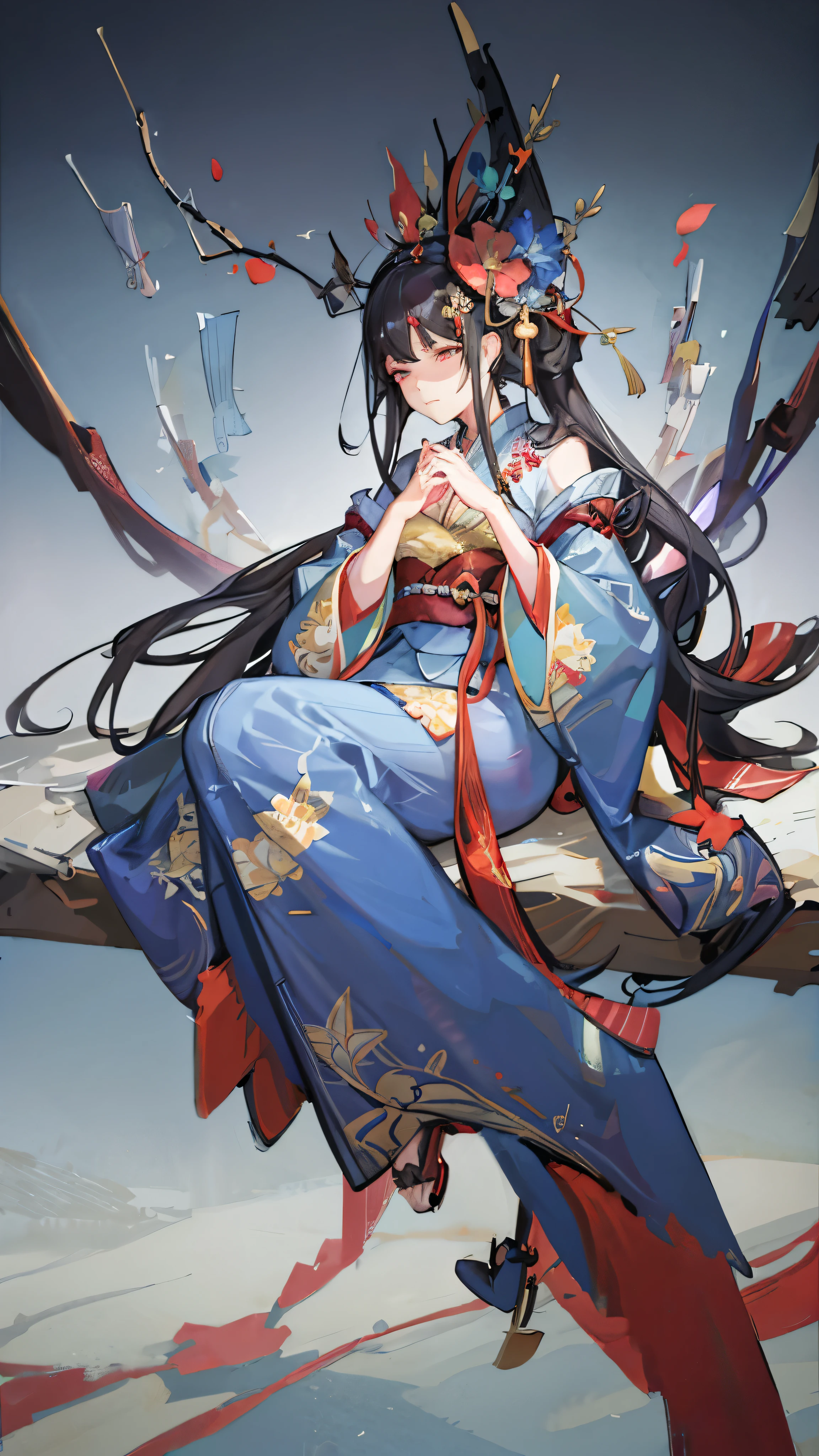 Highest quality, Pixiv, Black Hair, hair ornaments, kimono, hair flower, flower, kimono, mask, One girl, Sitting, Long Hair, with own hands, View your viewers, 6+boy, pray, multiple boy, Flower pattern print, Wide sleeves, fear, Apparition, scared, ugly, chiaroscuro, cinematic lighting, (masterpiece:1.2), UHD, high details, best quality, highres, 8k