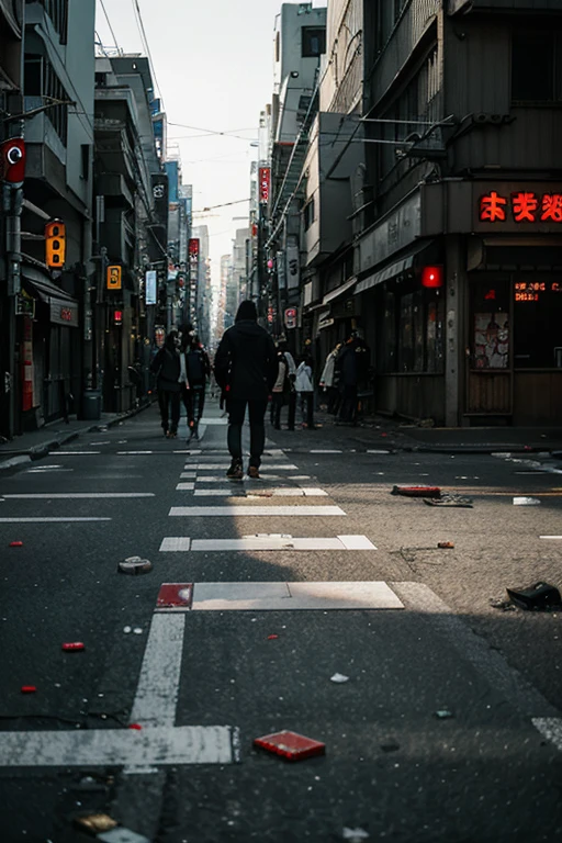 Tokyo streets stained with blood, premises with broken windows and surrounding areas with pieces of glass and garbage 