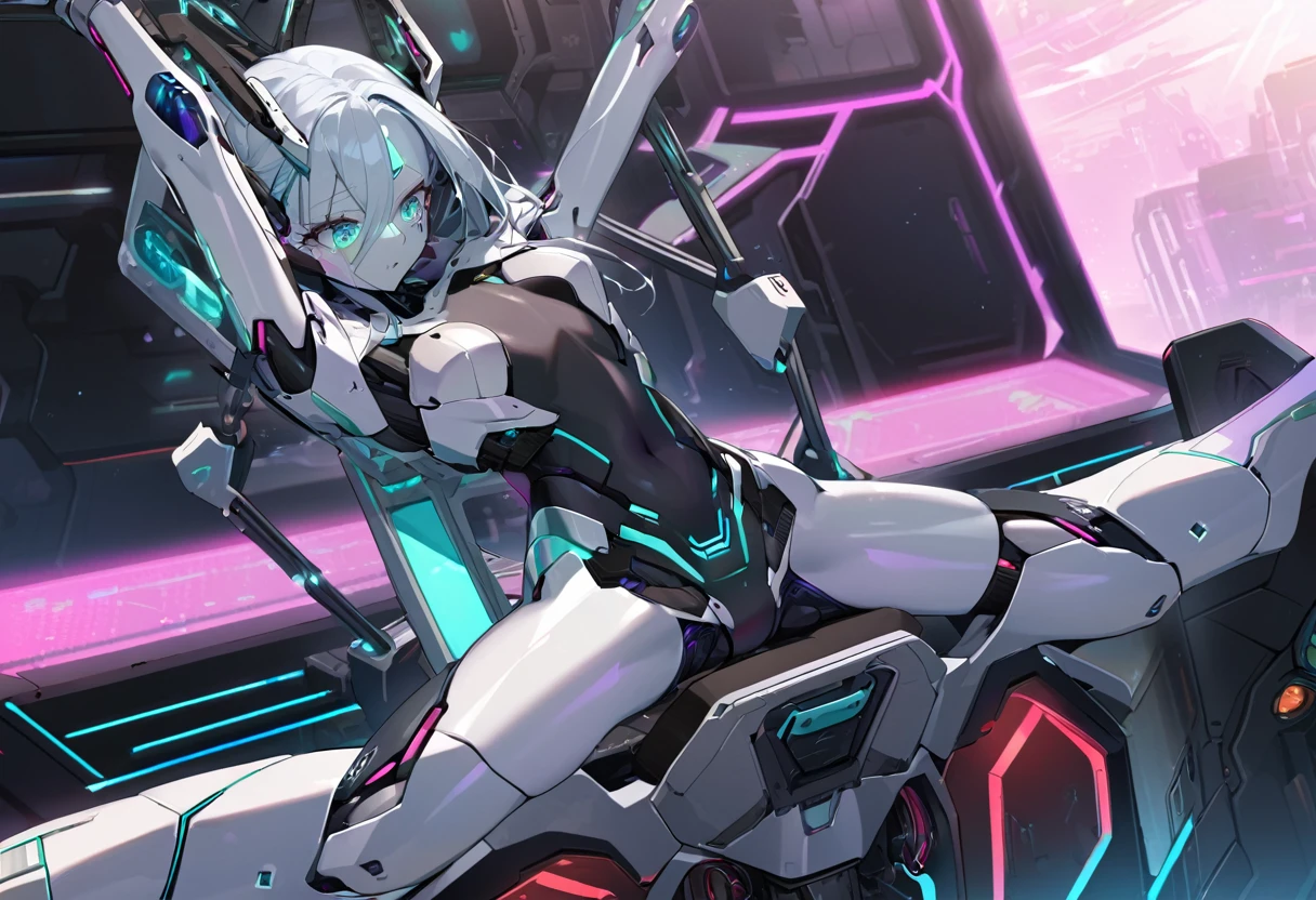 science fiction, android girl(metallic skin, cyber joint), spread arms, restrained arms on machine,