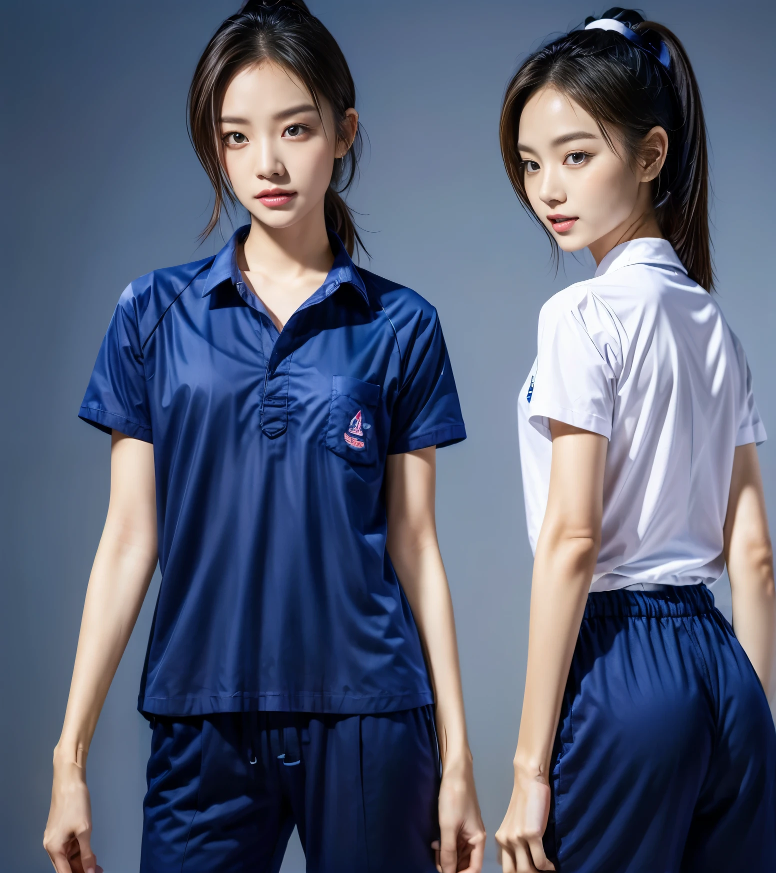 (best quality,10,10,height,Masterpiece:1.2),Special details,(realistic,ภาพrealistic,Realistic photos:1.37),1 Cute girl in the kitchen,shiny, ผิวshiny,only,smile softly,BDclothelue shirt:1.3)),short sleeve,shirt, กางเกงขาlong.,(navy_long_track pants:1.1), ((Kitchen Background)),Dynamic angle,excited,Face focus,dynamic poses,from behind,focus on ass,Masterpiece, best quality, ultra realistic, hyper detail, 8k resolution, raw photos, Sharp focus, ((Navy blue shirt:1.1)), short sleeve, เส้นทางlong, perfect body, 2 mature women, 18 years old, Cinema-grade lighting system,blue sweatpants,shirtผ้าออกกำลังกาย,correct anatomy,perfect body, correct body, Sharp face, correct bodyทางกายวิภาค, full body, realistic gestures, long-haired, realistic poses,Wear long shorts...........................,ช่วงขาlong,Good shape,carved girl, Slender figure, model, Good shape, beautiful body,blue sweatpants, two girls kissing